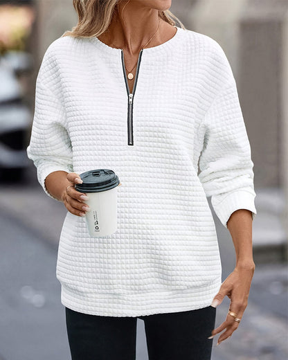 Casual solid color round neck zip up sweatshirt