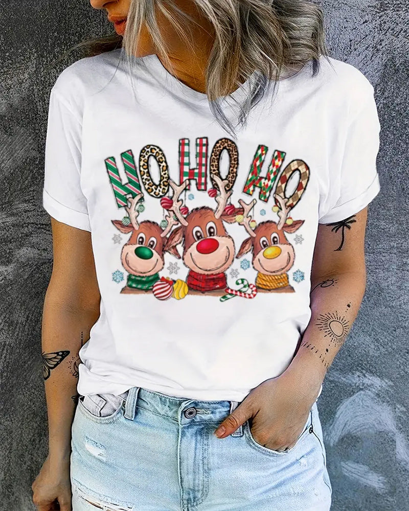 T-shirt mit weihnachtlicher hirschgrafik und rundhalsausschnitt