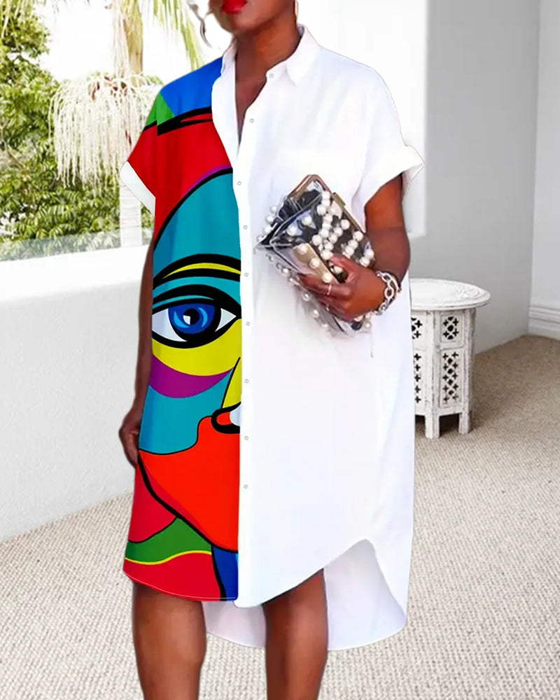 Modefest- Lässiges Kleid mit Reversknopf und Gesichtsdruck