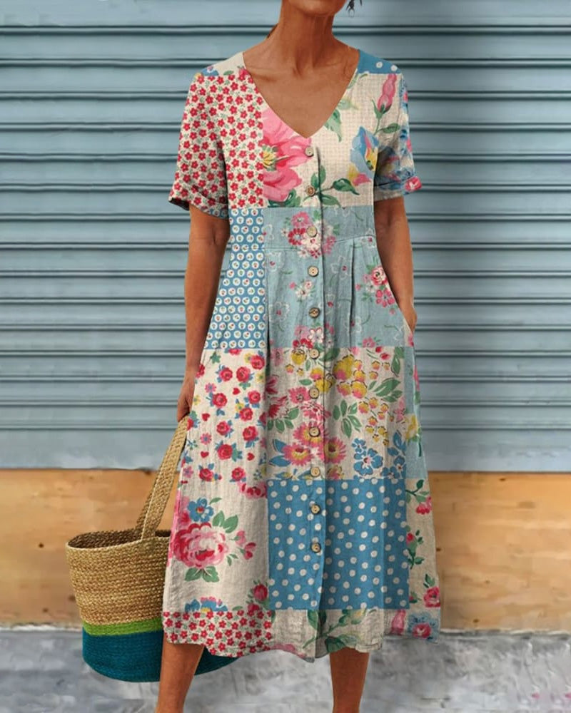 Modefest- Lässiges Patchwork-Kleid mit V-Ausschnitt und bedruckten Knöpfen