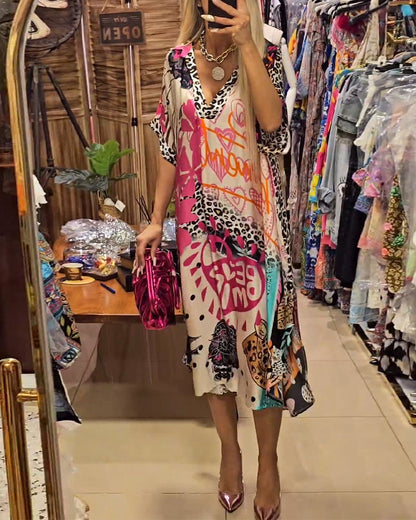 Casual deep V-neck dress with leopard and colorful print