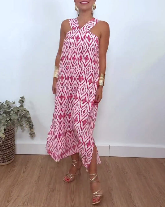 Printed sleeveless casual dress with slit