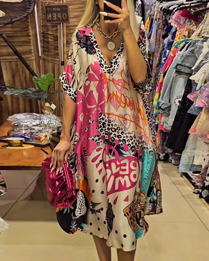 Casual deep V-neck dress with leopard and colorful print