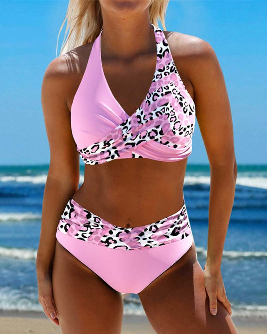 Leopard patchwork print halterneck bikini