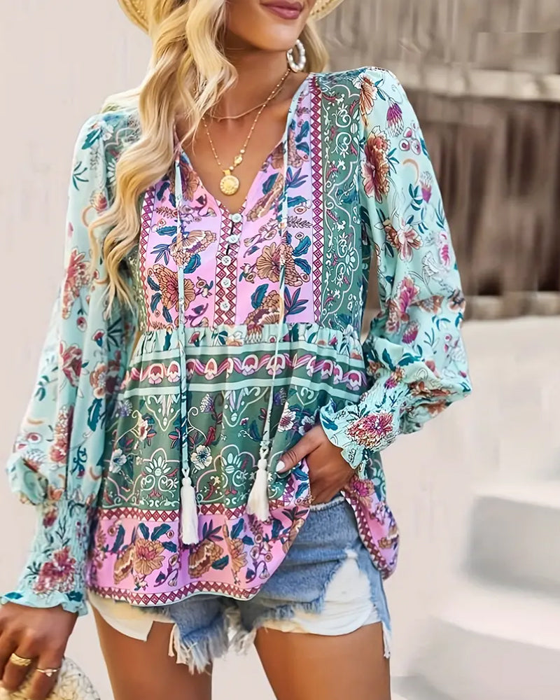 Ethnic style lantern sleeve blouse