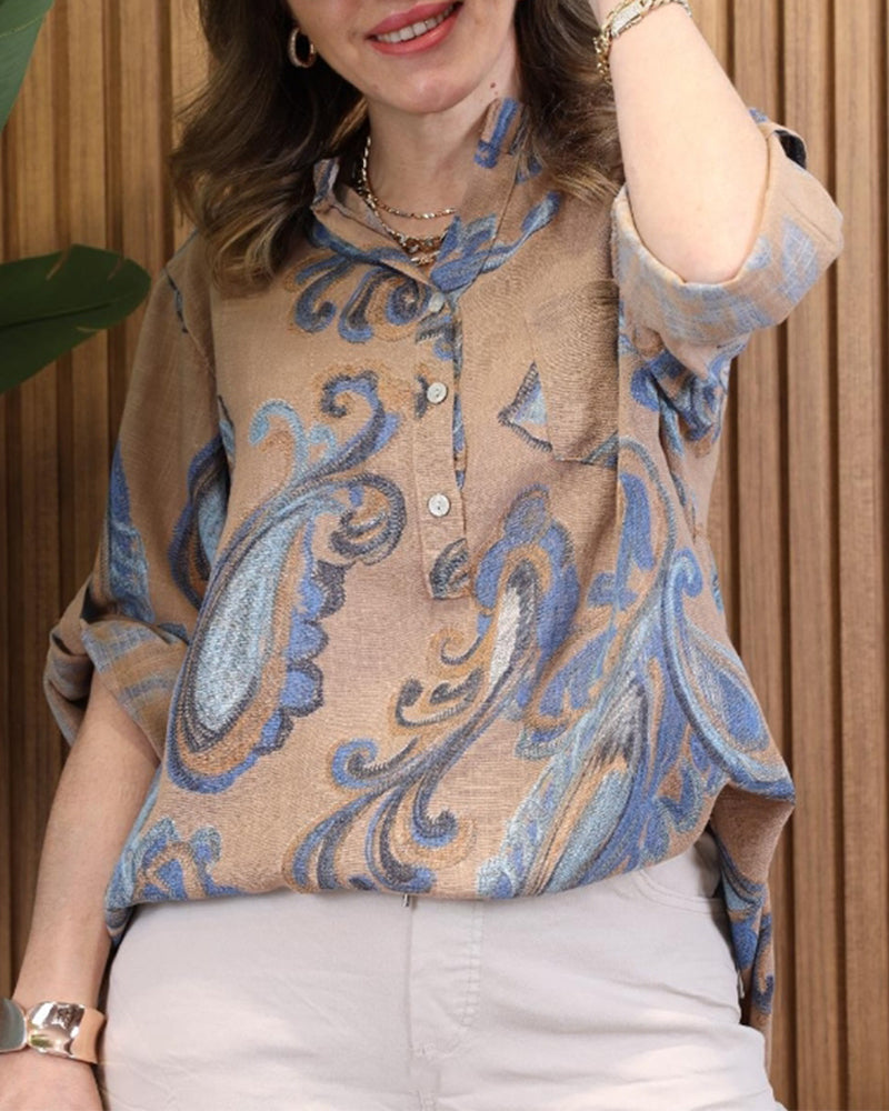 Modefest- Retro-bluse mit faltenärmeln und aufdruck