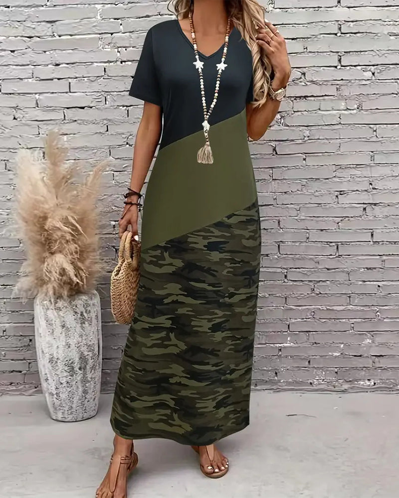 Vestido camuflado casual em cor contrastante