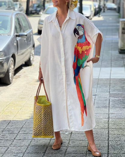 Modefest- Lockeres kleid mit papageien-print, reversknopf und dreiviertelärmeln