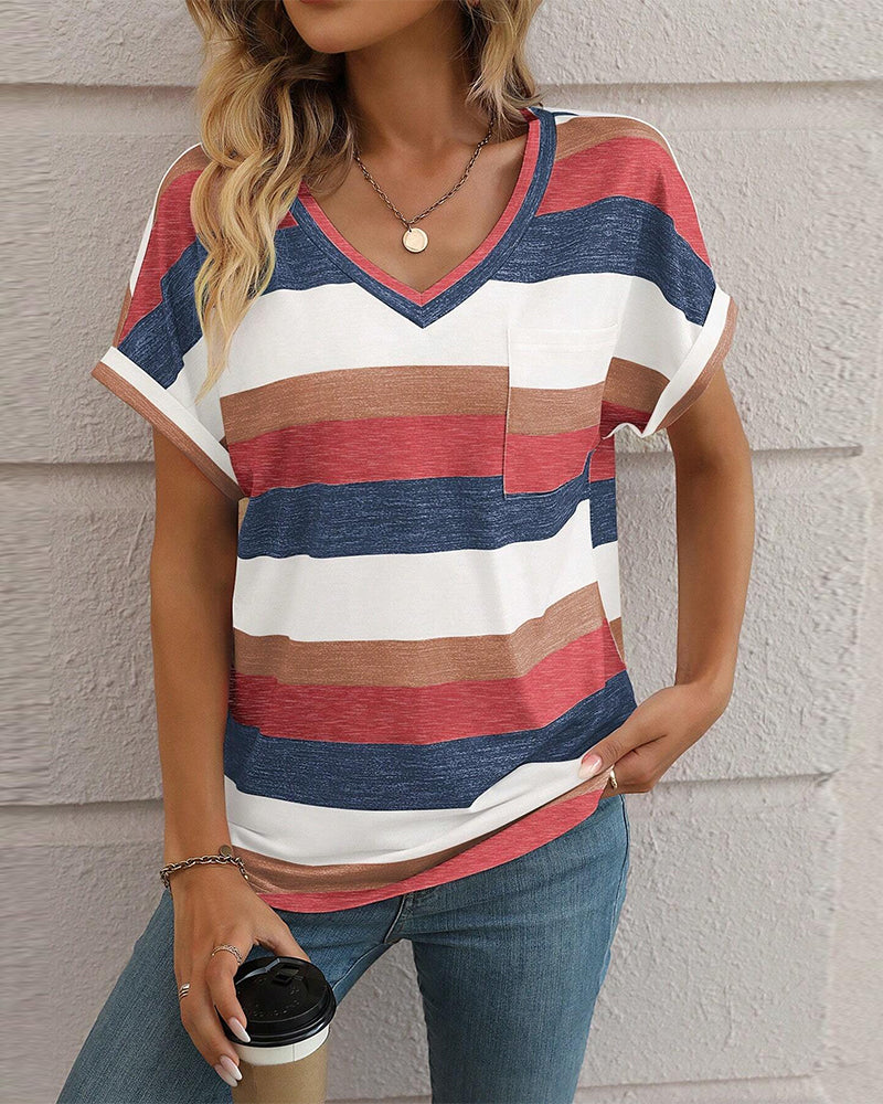 Modefest- T-Shirt mit V-Ausschnitt und kurzen Ärmeln und Farbblockierung