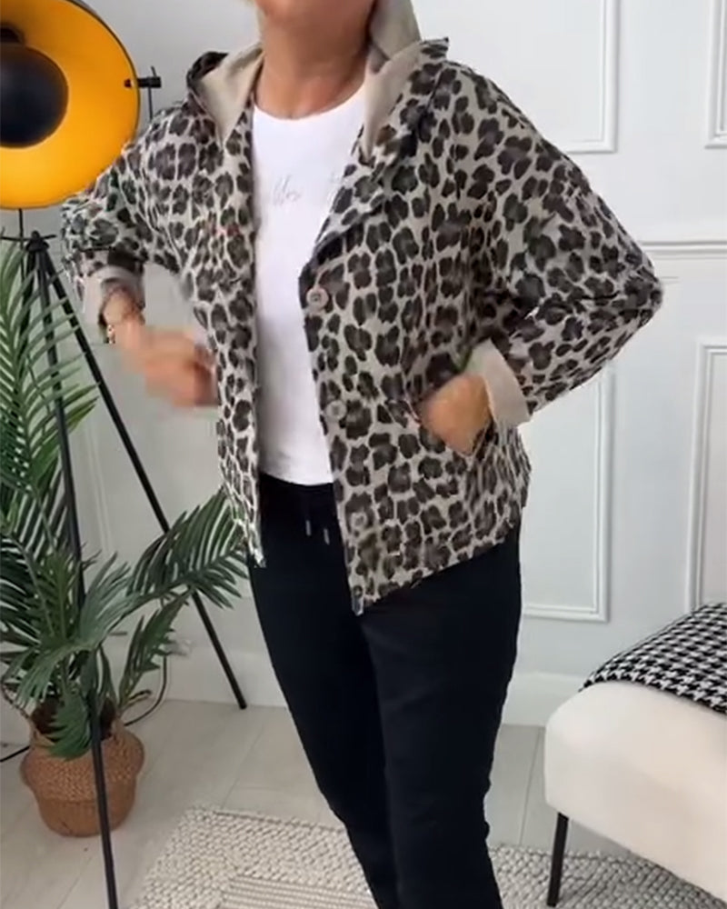 Long sleeve leopard print hooded coat