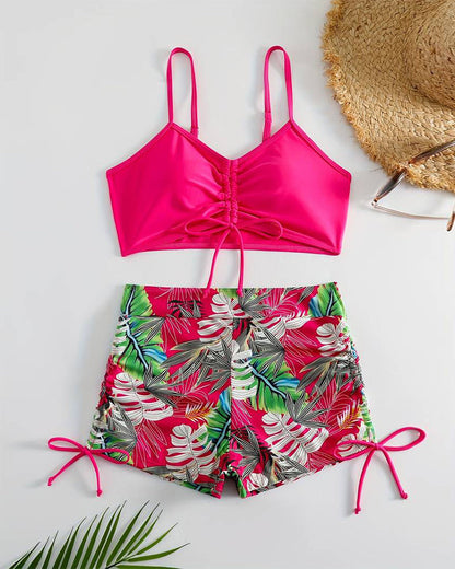 Modefest- Plissierter Bikini mit Blatt-Print und Kordelzug