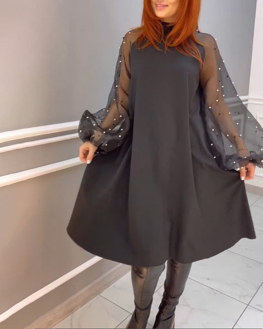 Modefest- Lockeres Mesh-Kleid mit Stehkragen Schwarz