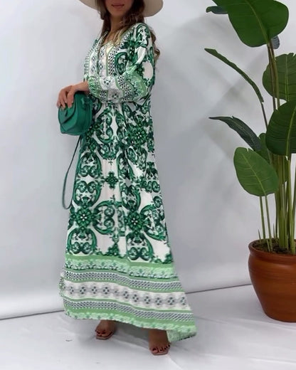 Casual V-neck retro print long dress