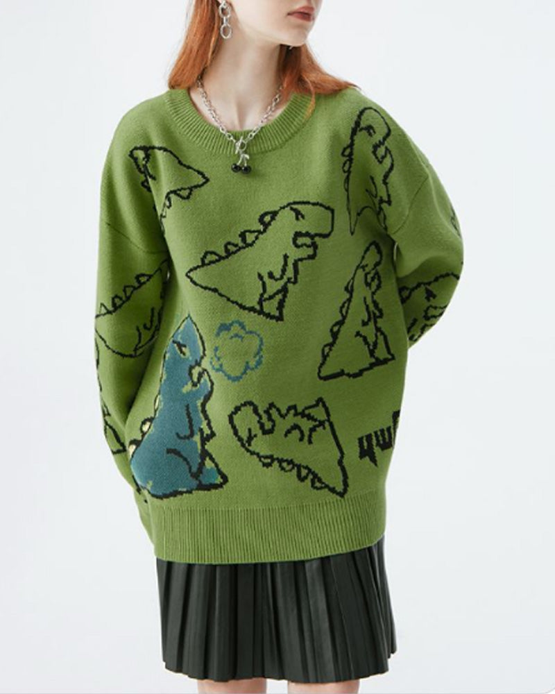 Casual round neck sweater with dinosaur pattern