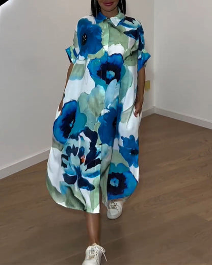 Casual floral print dress with half sleeves and slit