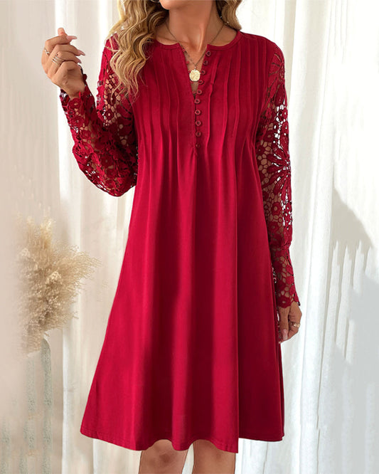 Modefest- Kleid mit plissierten Spitzenärmeln Rot