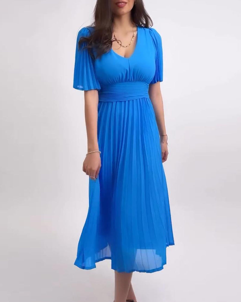 Elegant, plain pleated dress with v-neck