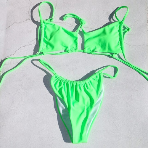 Modefest- Bikinis Set Swim Neon Green Swimwear Wire Free Swimming Women Beige