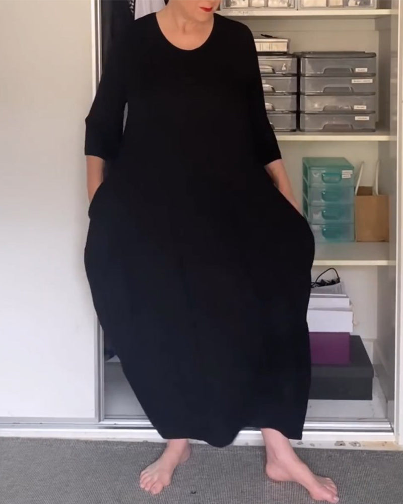 Modefest- Einfarbiges, schlichtes Kleid mit Rundhalsausschnitt Schwarz