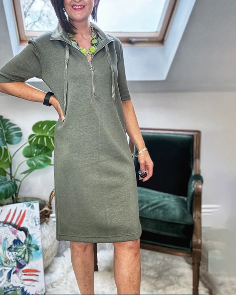 Vestido casual simples e de cor lisa com cordão e fecho de correr