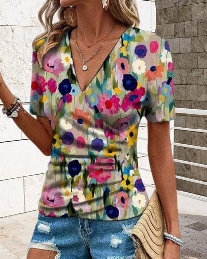 Short sleeve floral blouse with v-neck