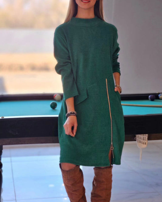 Modefest- Einfaches langärmeliges Kleid mit Reissverschluss Grün