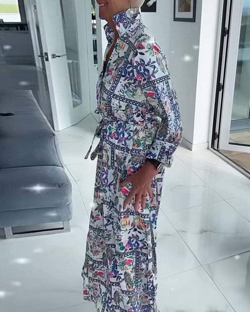 Vestido casual com padrão floral e lapelas e manga comprida