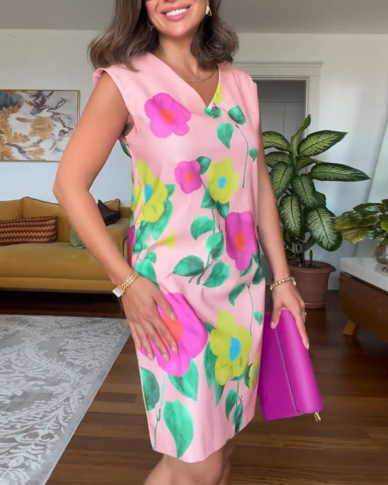 Vestido elegante sem mangas com estampa floral e bolso