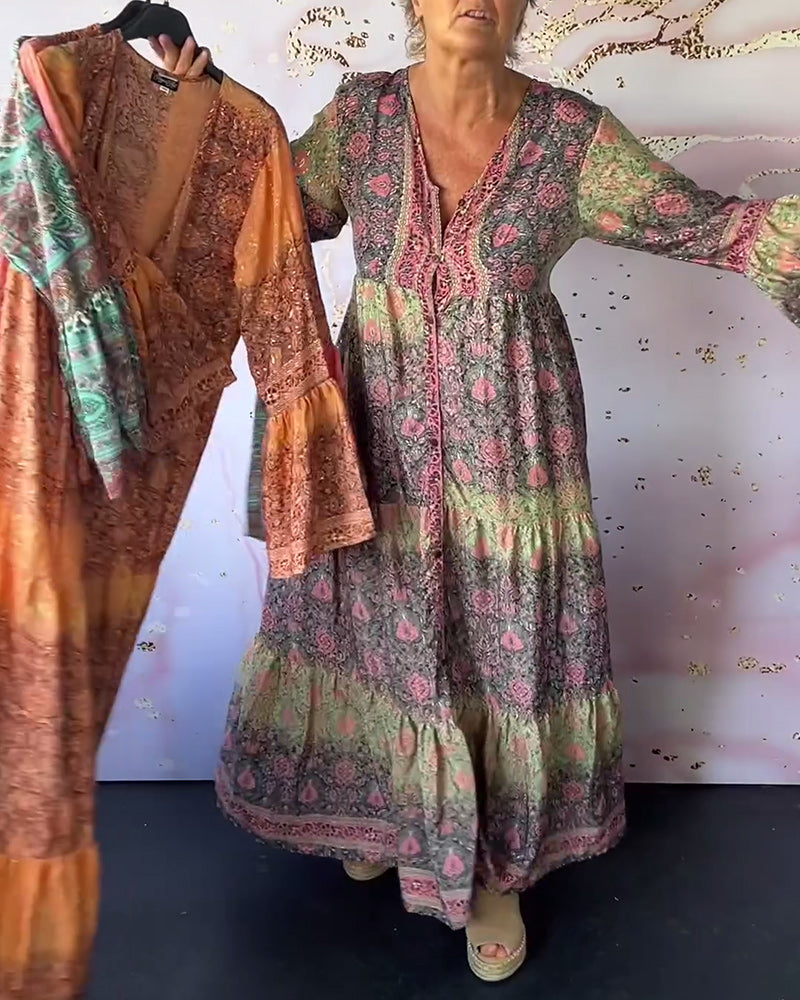 Vestido elegante com mangas sino em estampa vintage