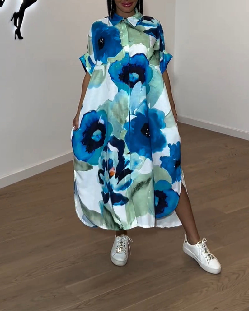 Casual floral print dress with half sleeves and slit