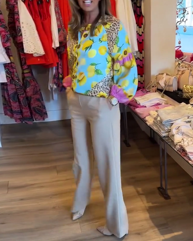 Modefest- Elegante Bluse mit Sonnenblumen- und Leopardenmuster