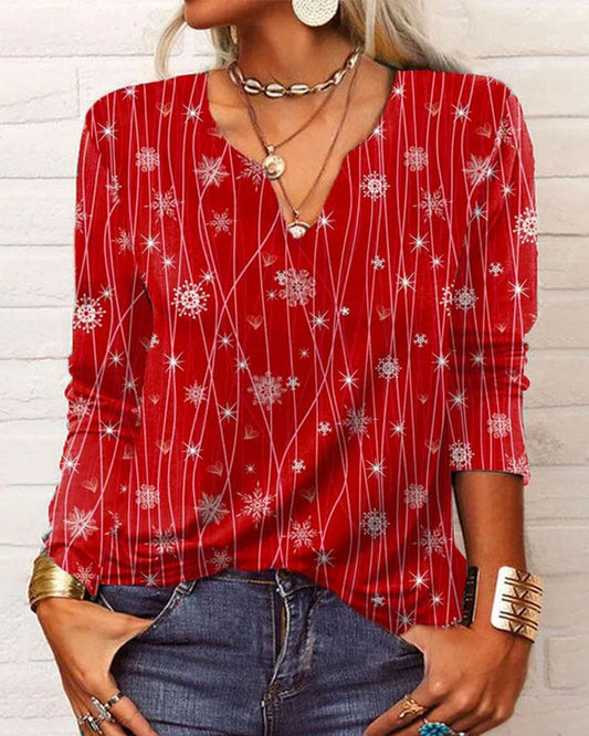 Modefest- Elegante Bluse mit V-Ausschnitt und Schneeflocke Rot