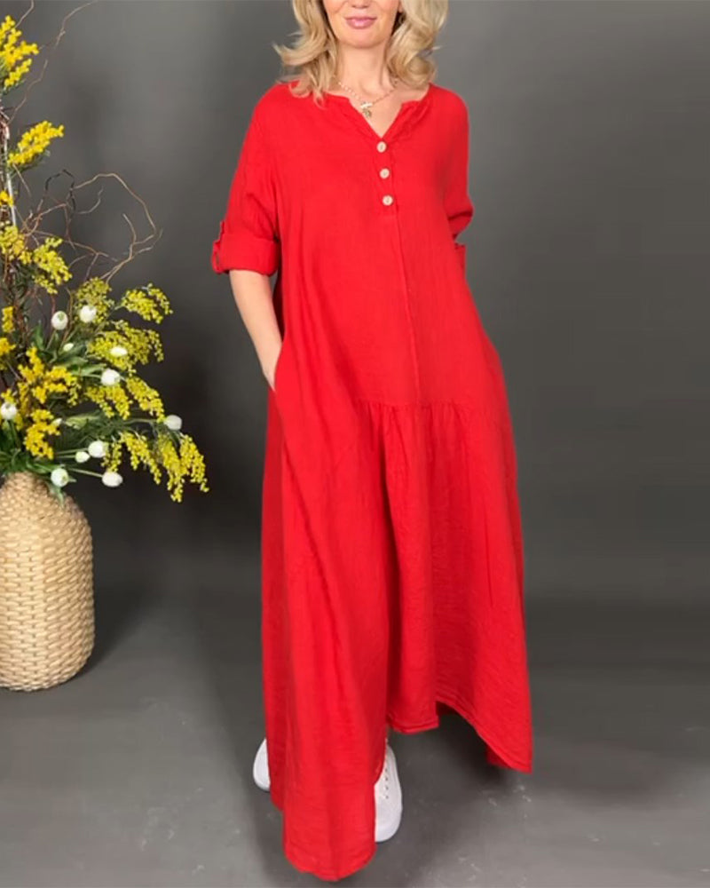 Modefest- Kleid aus einfarbigem Baumwoll- und Leinenmaterial Rot
