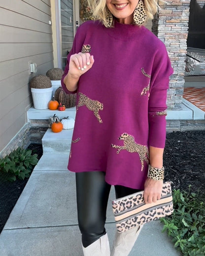 Modefest- Lockerer Pullover mit Gepardenmuster Violett