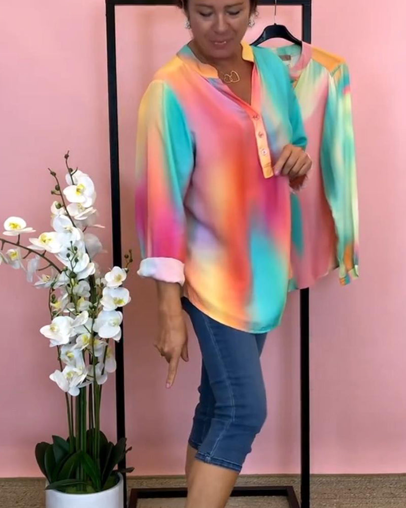 Modefest- Geknöpfte, langärmlige bluse mit v-ausschnitt und farbverlauf
