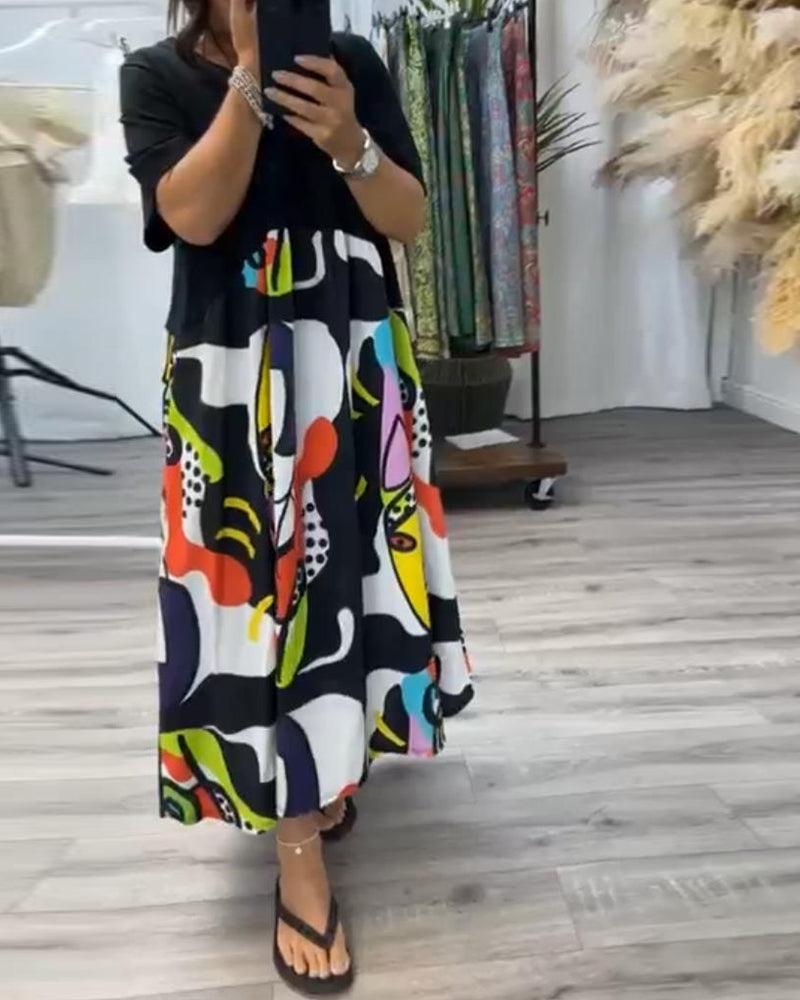 Casual, colorful printed patchwork dress with round neck