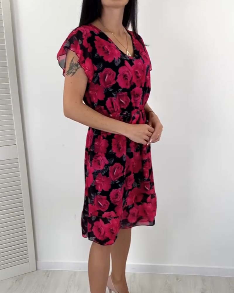 Modefest- Kleid mit kurzen Ärmeln und Rosendruck