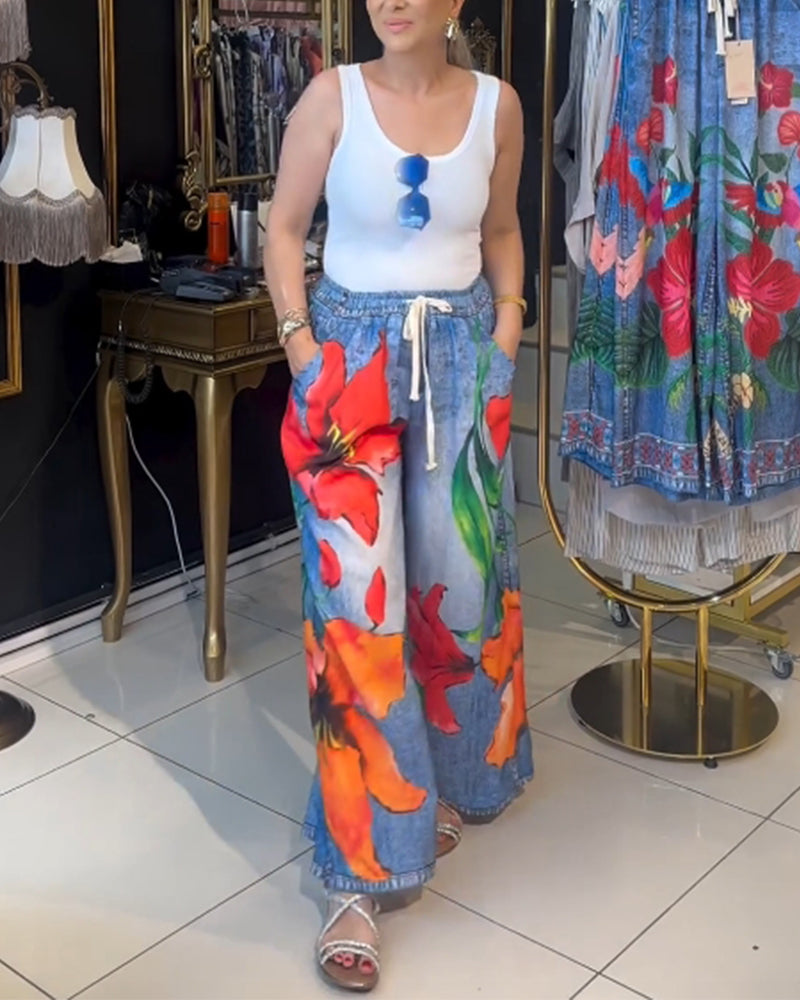 Calça casual floral de perna larga com cordão e bolso