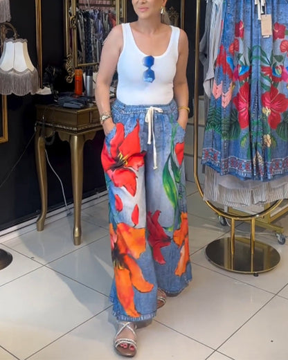 Calça casual floral de perna larga com cordão e bolso