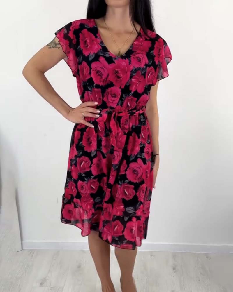 Modefest- Kleid mit kurzen Ärmeln und Rosendruck