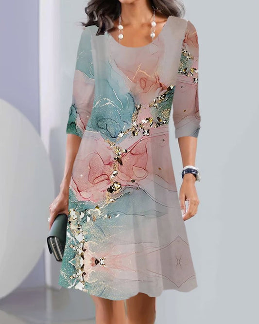 Modefest- Bedrucktes, langärmliges Kleid mit Rundhalsausschnitt Rosa