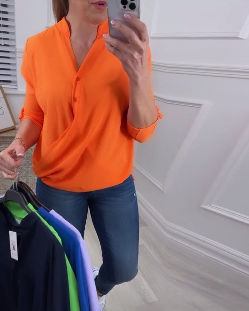 Blouse décontractée de couleur unie avec col en V