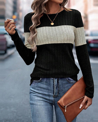 Casual top with round neck and color block print