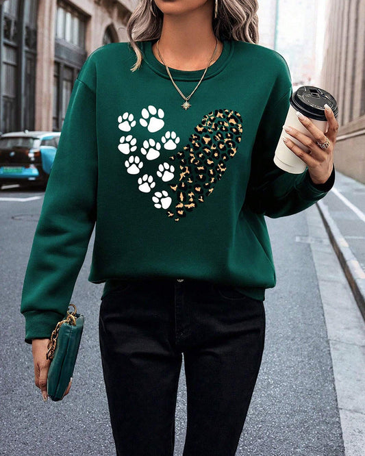 Modefest- Sweatshirt mit versetzt bedrucktem Katzenpfoten- und Herzmuster