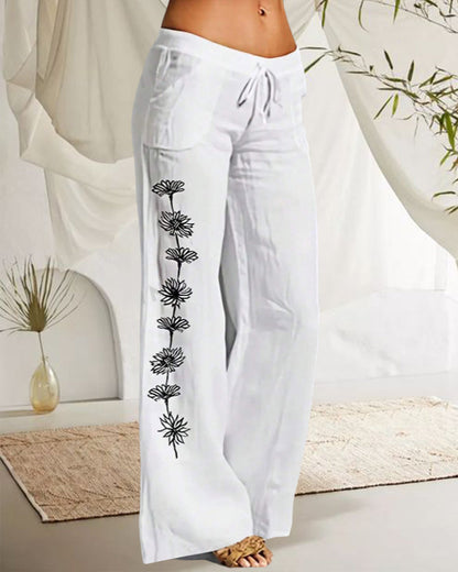 Casual floral print wide leg pants with lacing and pocket