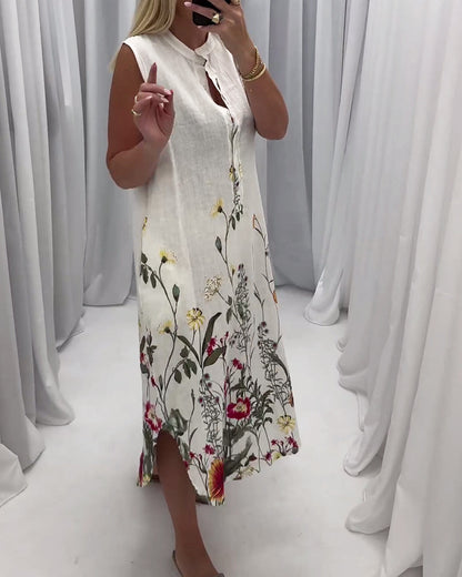 Vestido elegante sem mangas com estampa floral e botões