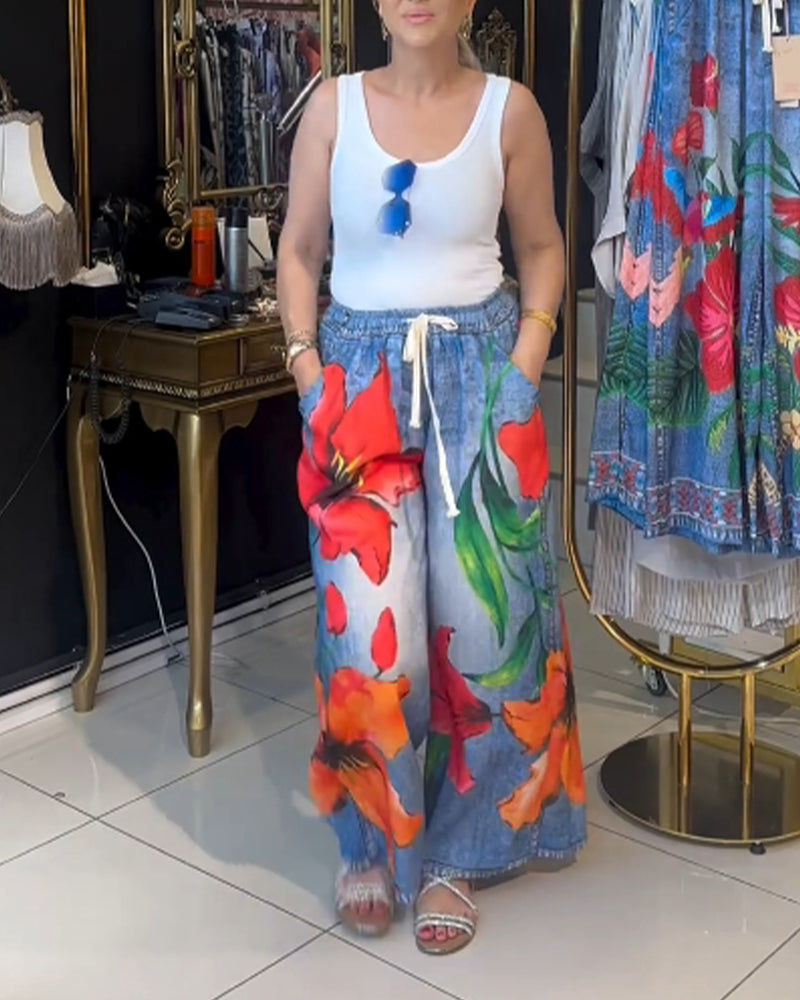 Calça casual floral de perna larga com cordão e bolso