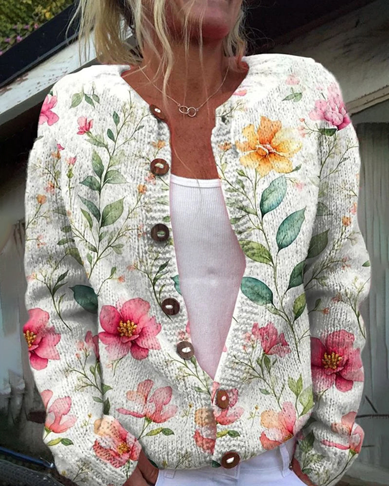 Lässiger Cardigan mit Blumenknöpfen und langen Ärmeln