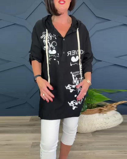 Blusa casual estampada com capuz e botão