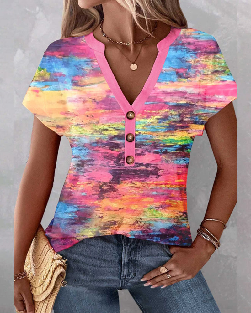 Modefest- Buntes, kurzärmliges, geknöpftes t-shirt mit v-ausschnitt